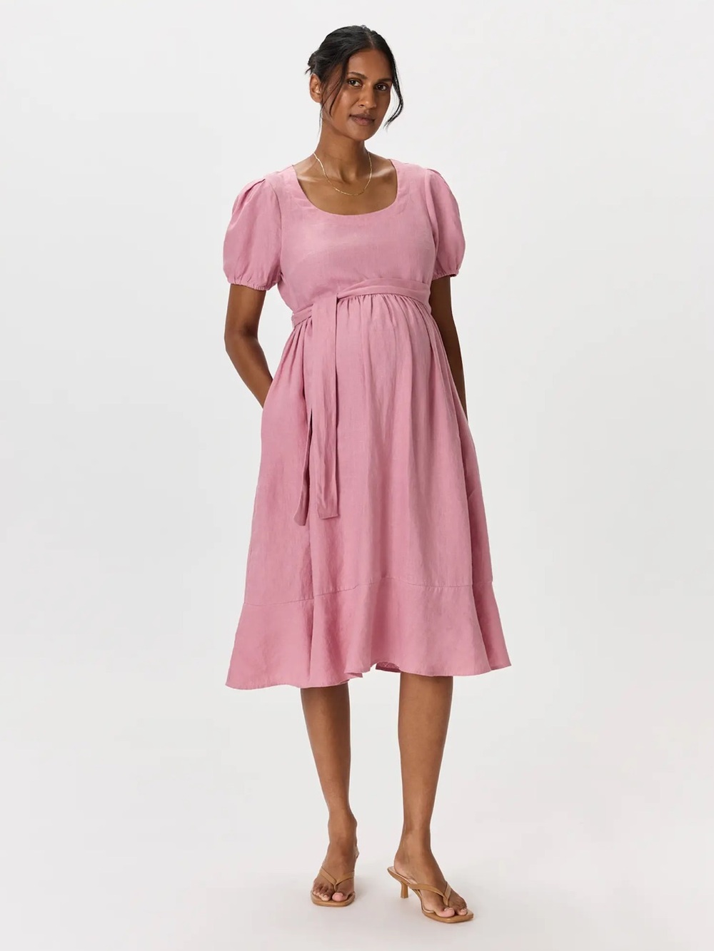 Quince 100% European Linen Maternity Short Sleeve Midi Dress Mauve Pink XL